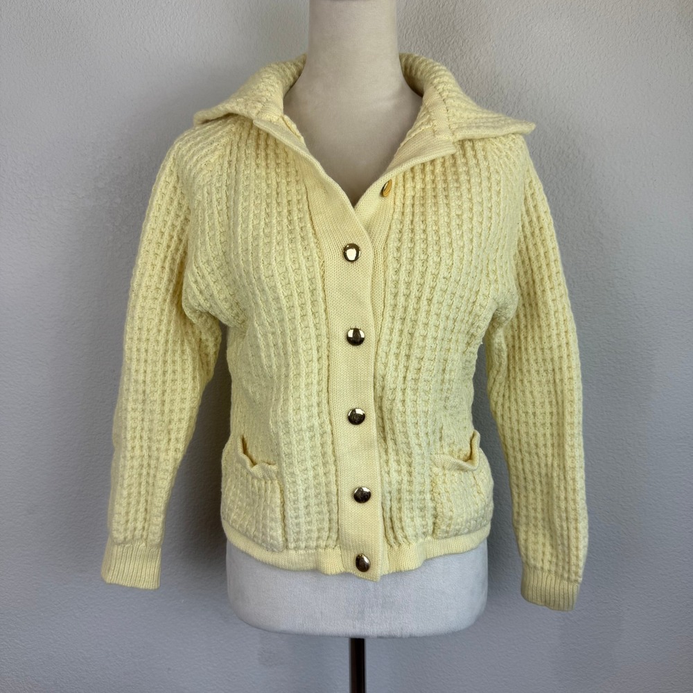 Vintage 80's Greca Italian 100% Wool Knit Yellow Cardigan Button Collar Sweater